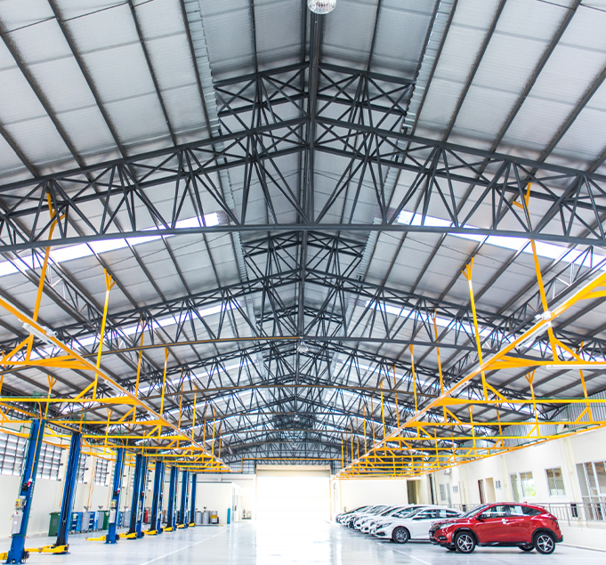 Industrial steel roof structure inside a completed building