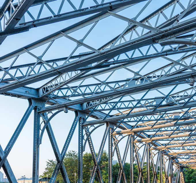 Blue steel truss framework under construction