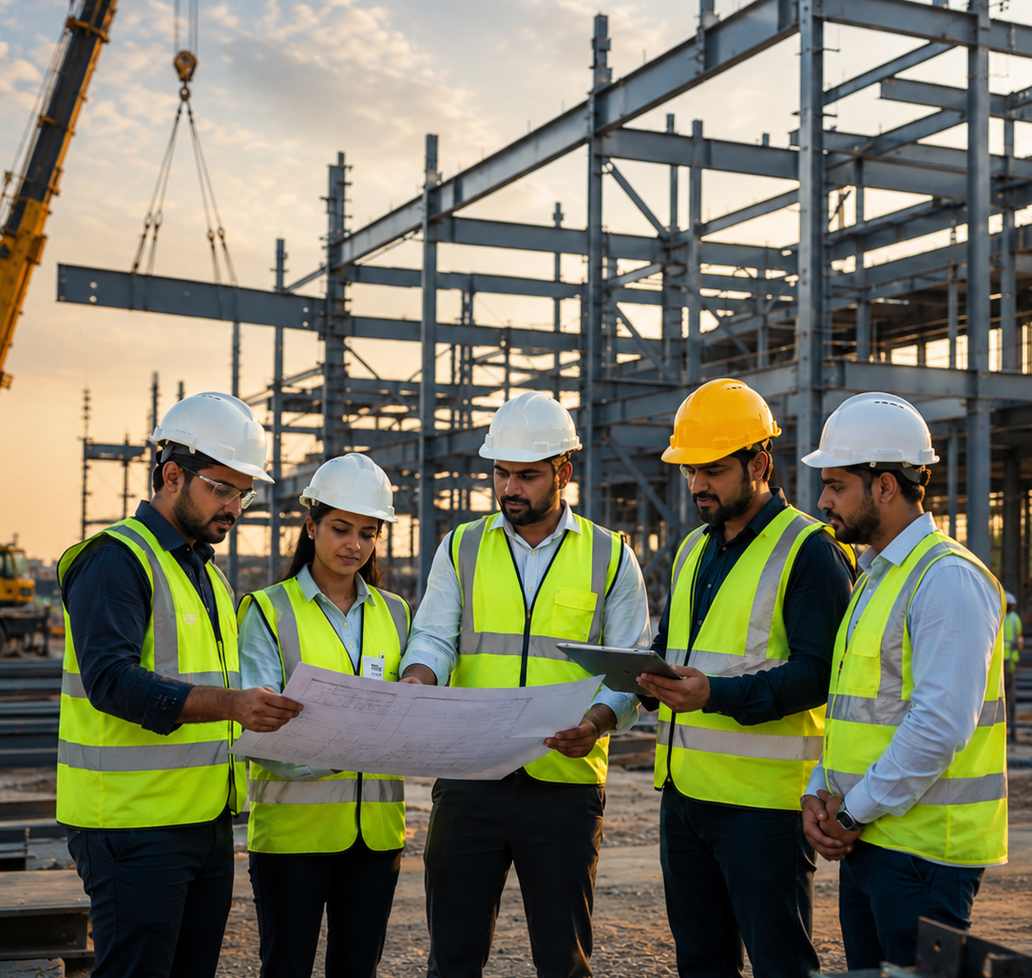 Engineers reviewing structural drawings at steel construction site